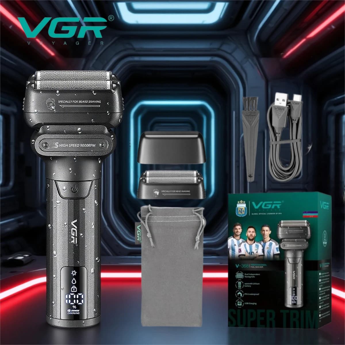 VGR Rasoio Professionale Regolabarba Rasoio elettrico Impermeabile Rasoio 9000 giri/min Rasoio portatile Rasoio da uomo V-368