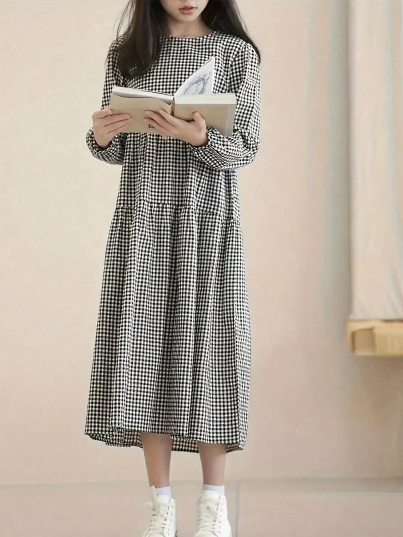 Girls Plaid Long Sleeve Dress Loose Fit Sweet Casual Skirt for Spring Autumn Party Gifts