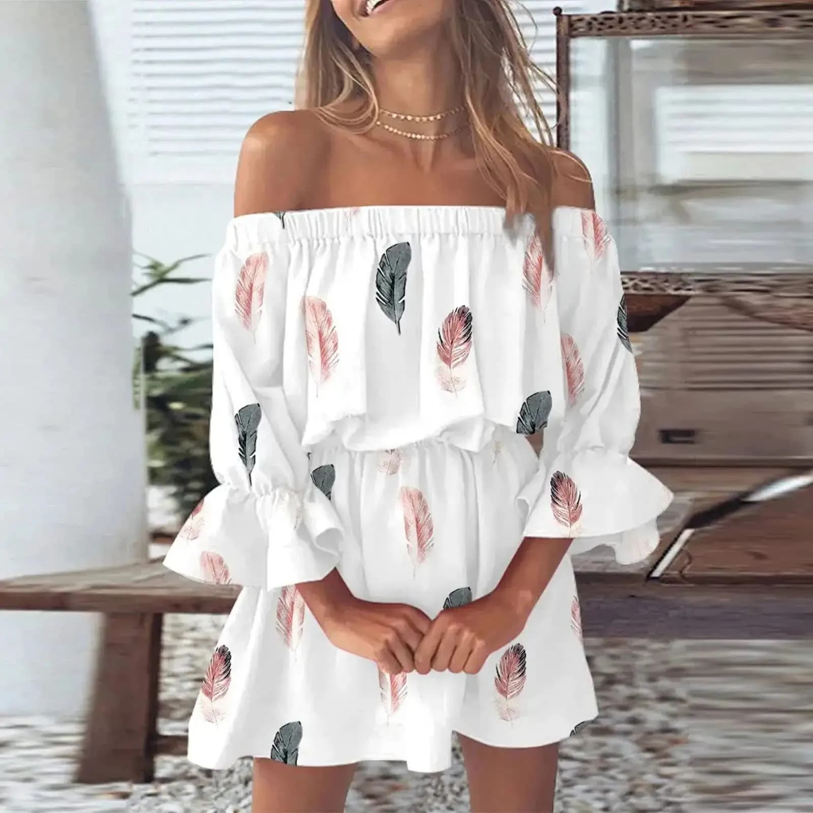 Abito da donna sexy e alla moda monospalla stampato a maniche corte, Collezione Estiva 2024, Altri modelli, Altri materiali