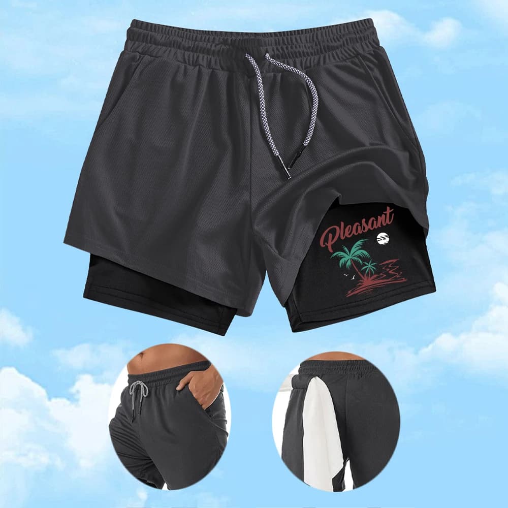 Men's swimsuit with coconut tree print, sports shorts 2 in 1 for daily fitness and cycling, fast drying and breathable, for the beach