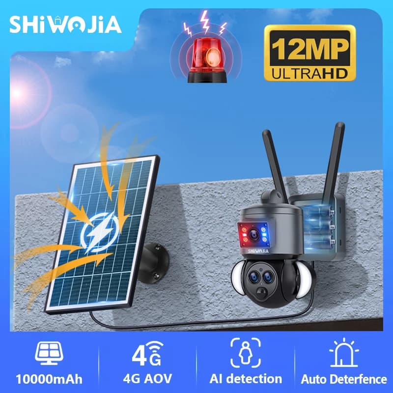 SHIWOJIA 12MP 15X Zoom Telecamera solare 4G SIM Sicurezza Esterna 3 Obiettivi Registrazione a doppio schermo 360 ° Pan AI Tracciamento Visione notturna a colori