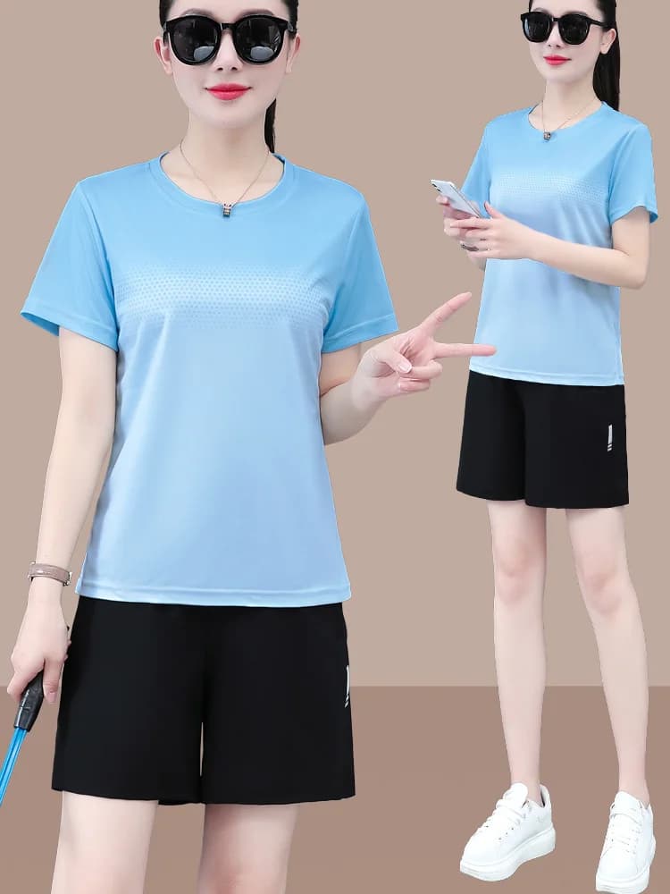 Quick Dry Thin Ice Silk Sports Set Women Summer 2026 Casual Running Two Piece Set Short Sleeve Shorts Polyester Spandex Blend