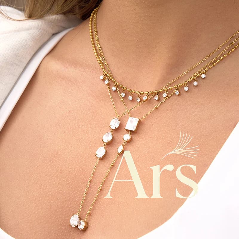 Collana a Y in Acciaio Inossidabile Ars, Placcata in Oro 18k, Collane Lunghe con Pendenti Multipli in Zirconia, Collane Delicate da Donna