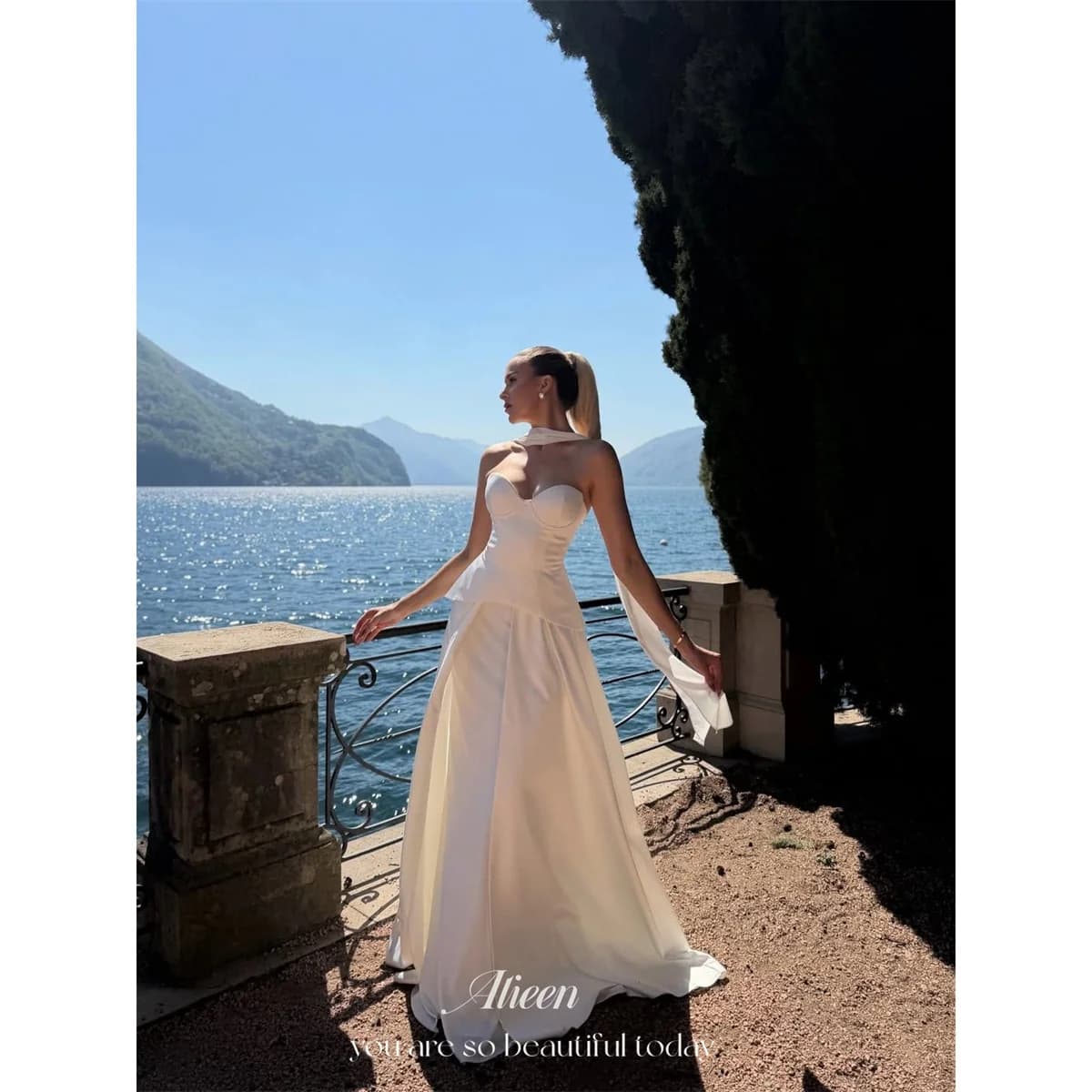 Aileen Ivory Wedding Dress A-Line Sweetheart Sleeveless Satin Luxurious Classic Silhouette Minimalist Design Scarf Customized