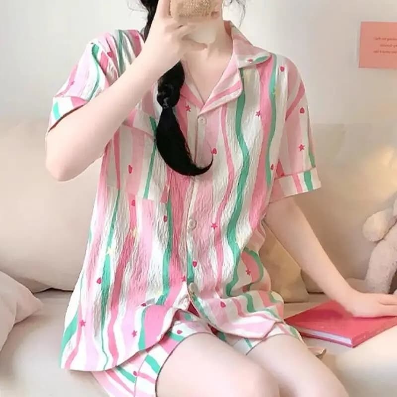Set Pigiama Estivo da Donna Dolce e Alla Moda, Comodo e Morbido con Maniche Corte, Stile Anime Kawaii, 2 Pezzi