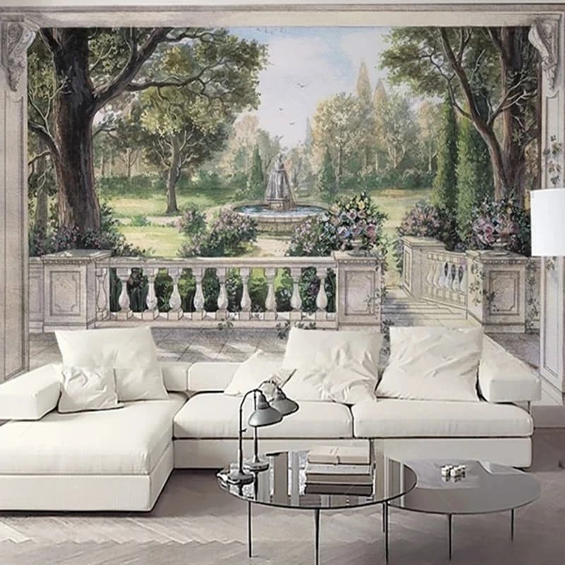Carta da parati murale personalizzata Paesaggio di fontana da giardino ad acquerello dipinto a mano per l'arredamento del soggiorno della parete di sfondo della TV