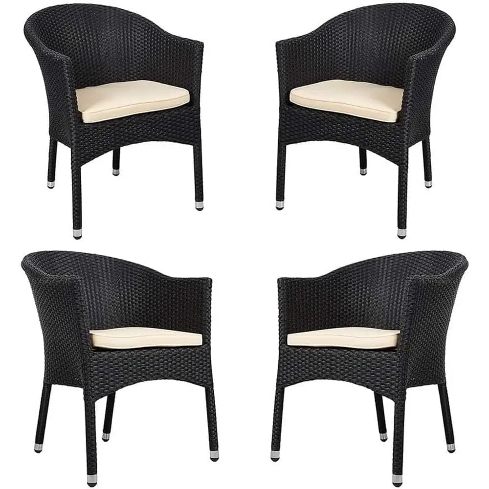 4-Piece Outdoor Rattan Dining Chairs with Cushions, Weather-Resistant Wicker, Black Patio Furniture Set, Ready to Use