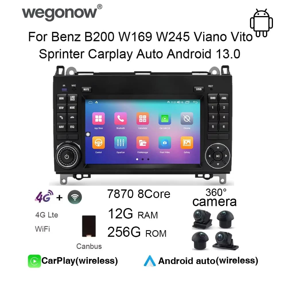 Lettore DVD per Auto Android 13.0 con GPS, 4G, WIFI, Bluetooth, Radio Multimediale per Benz B200 W169 W245 Viano Vito Sprinter