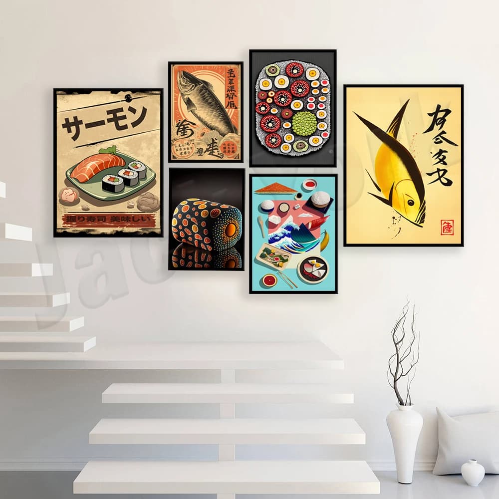 Vintage style Japanese sushi prints, Japanese sushi poster inspired by Yayoi Kusama, Japanese food poster, printable wall art