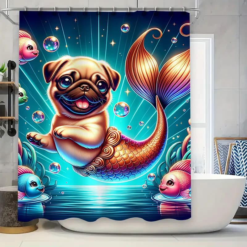 Tenda da doccia magica Mer-Pug Simpatico cartone animato Carlino Coda di pesce Decorazione da bagno per camera da letto per bambini Decorazione per la casa con stampa di bolle di oceano blu Sh