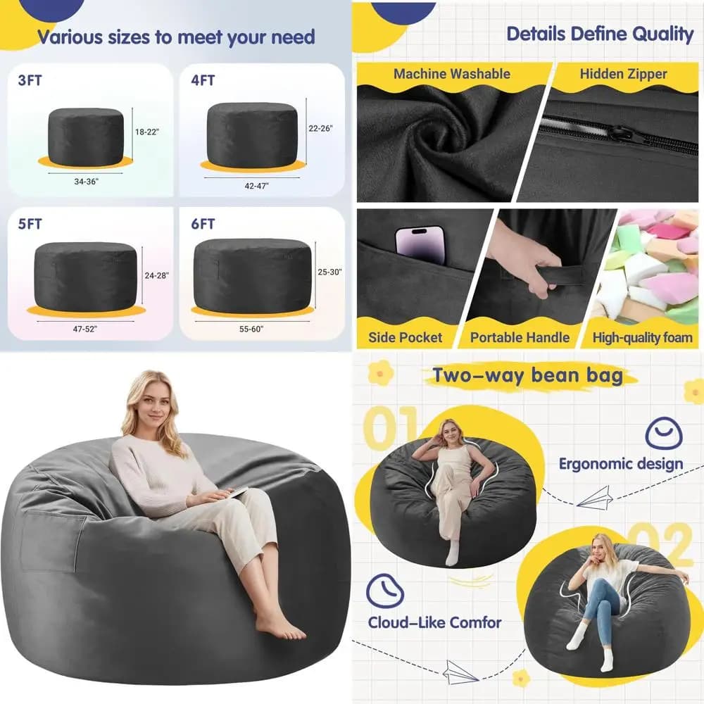 Poltrone Giganti in Memory Foam per Adulti - Rivestimento Grigio Lavabile, Ideali per Soggiorno, Gaming e Camere da Letto