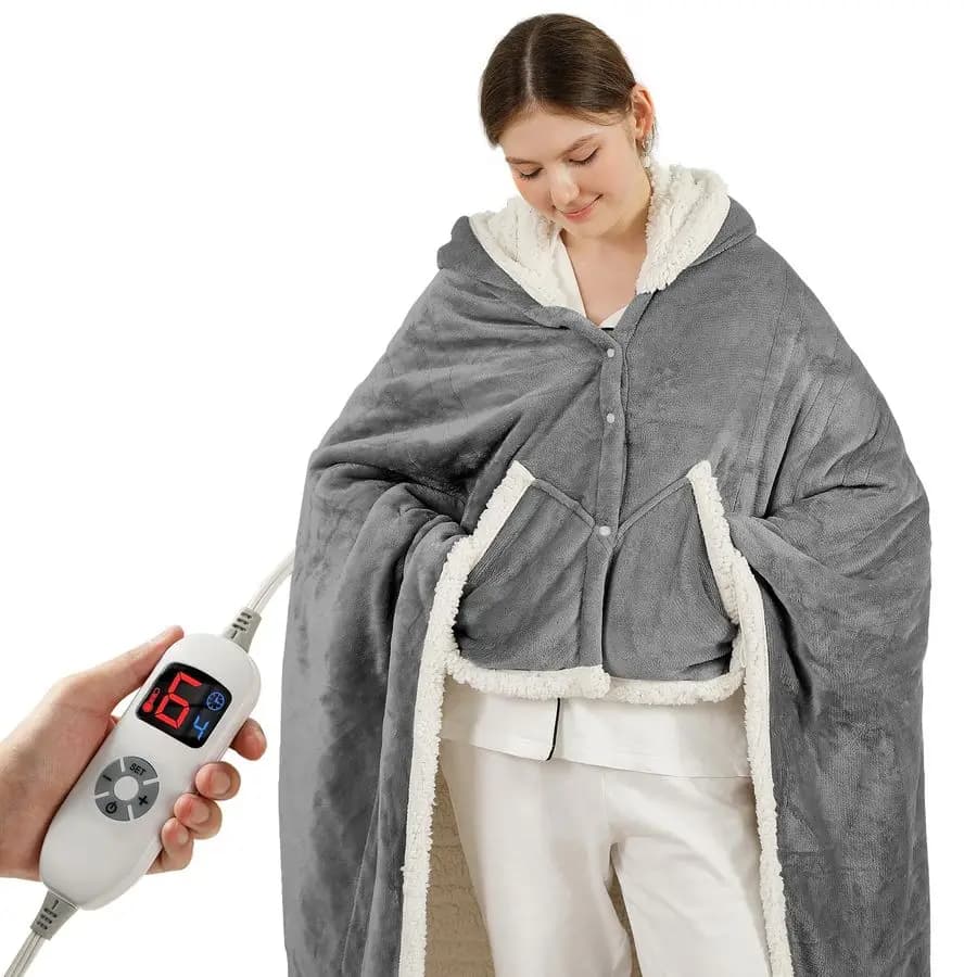 Coperta riscaldata indossabile Coperta elettrica, scialle riscaldato con 6 livelli di riscaldamento e 14 ore di spegnimento automatico, felpa con cappuccio riscaldata da donna per mamma Wo