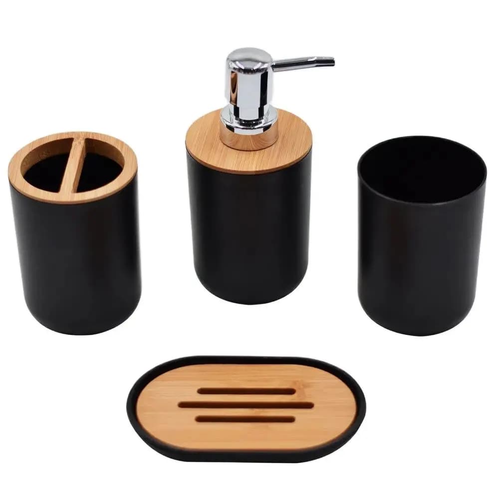 4 pz/set Dispenser di Lozione di Sapone Set di Accessori per il Bagno Portasapone in Legno di Resina Portaspazzolino Bicchiere Pompa Bottiglia Tazza