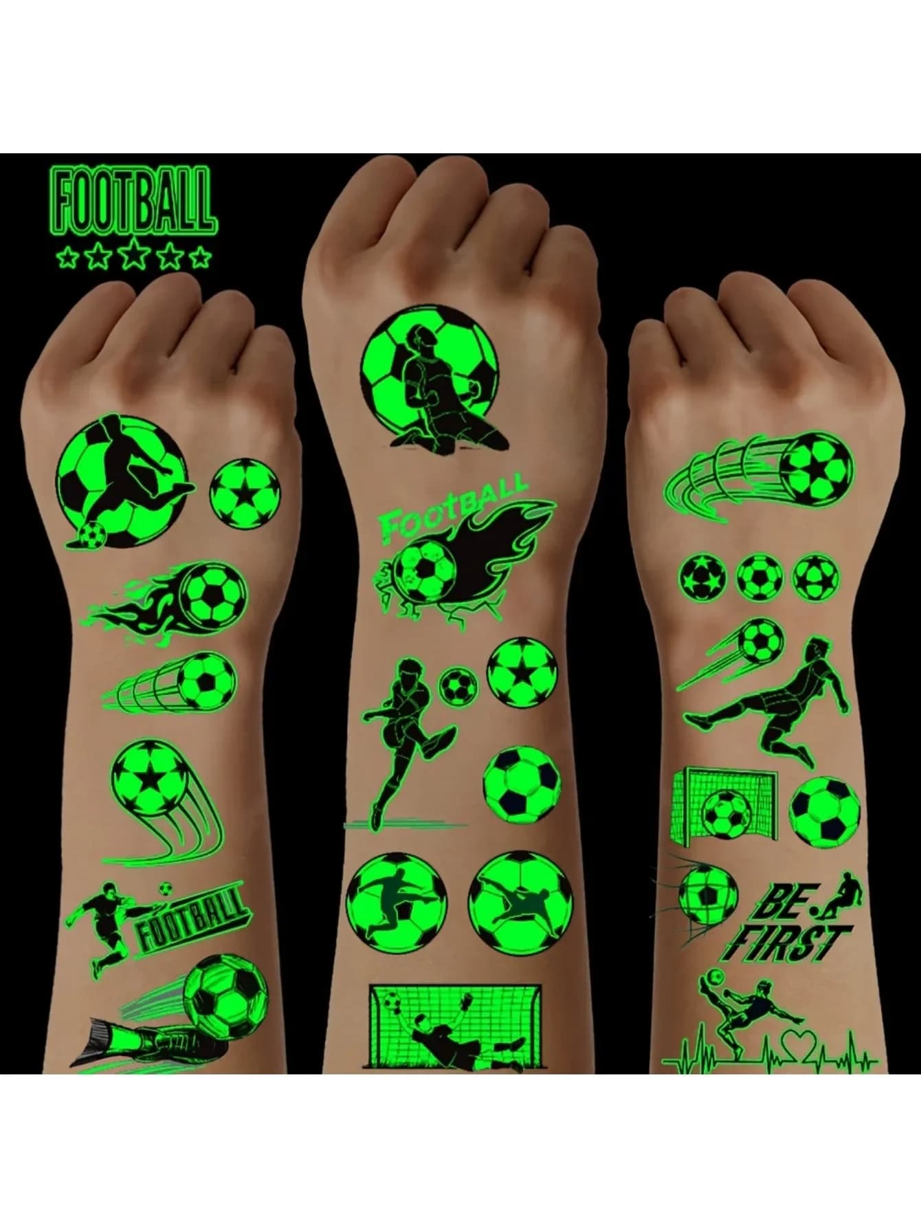 10 tatuaggi temporanei luminosi a tema calcio, progettati per campi da calcio, giocatori e squadre, perfetti per gli appassionati di sport