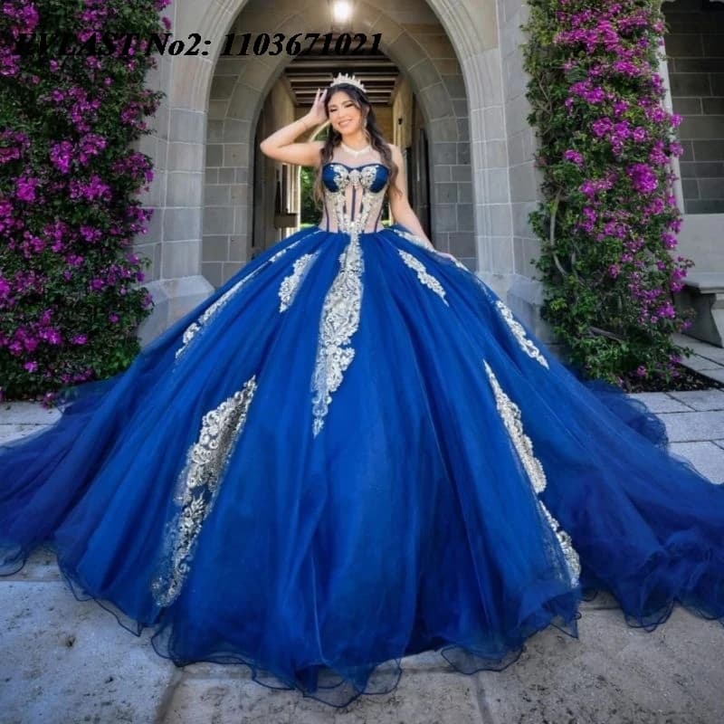 EVLAST Personalizzato Lucido Royal Blue Abito Quinceanera Abito di Sfera Oro Applique Perline Corsetto Dolce 16 Abiti 15 Anos E2QA188
