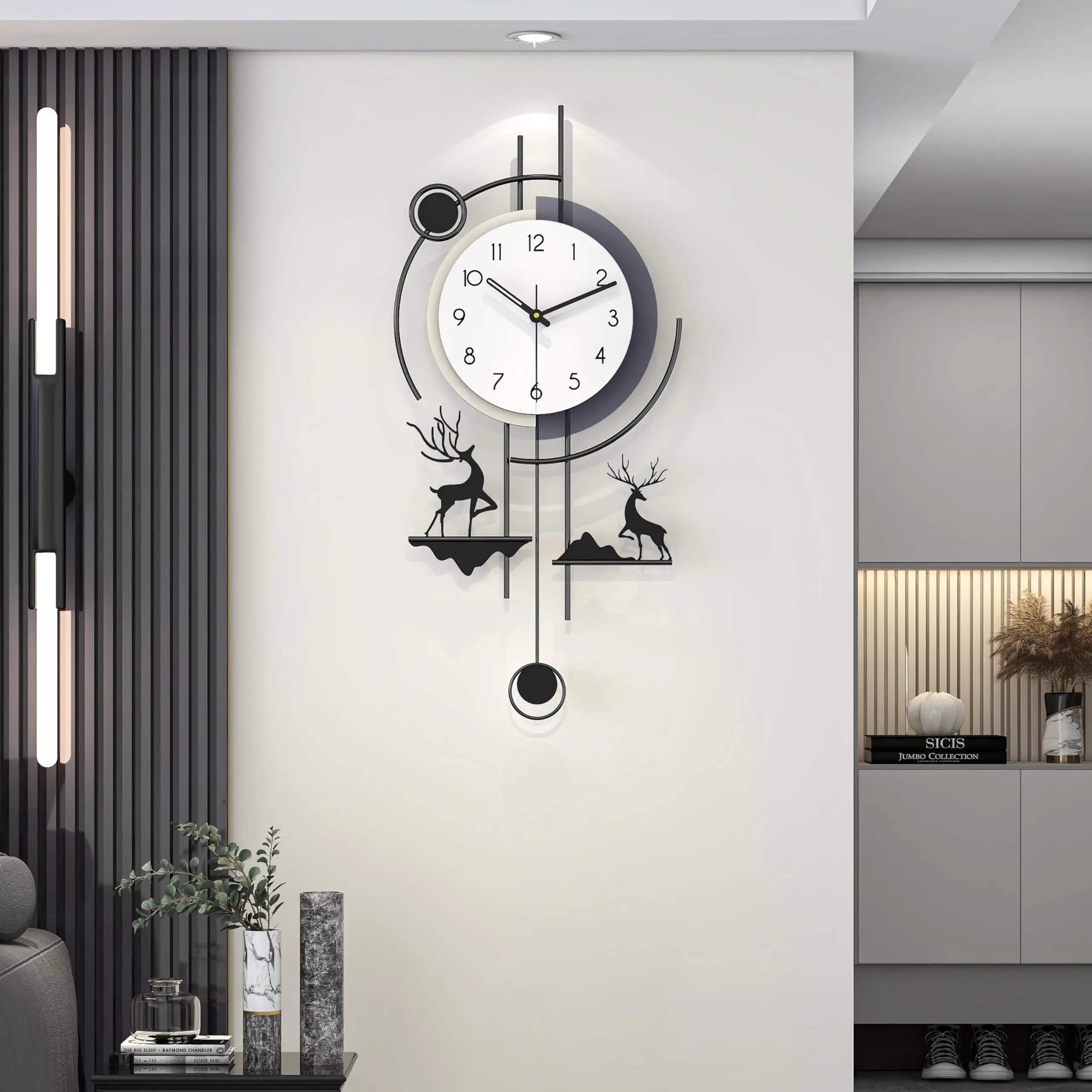 Grande Orologio da Parete Moderno con Pendolo, Silenzioso al Quarzo, Decorativo con Design di Cervo Nero per Soggiorno, Camera da Letto, Ufficio