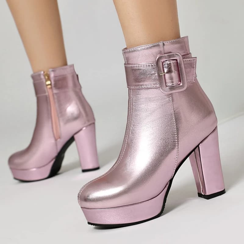 Stivaletti da donna di lusso Tacchi alti Piattaforma Stivaletti corti Cerniera Oro Argento Rosa Rosso Scarpe da ballo per feste Donna di grandi dimensioni 45 48