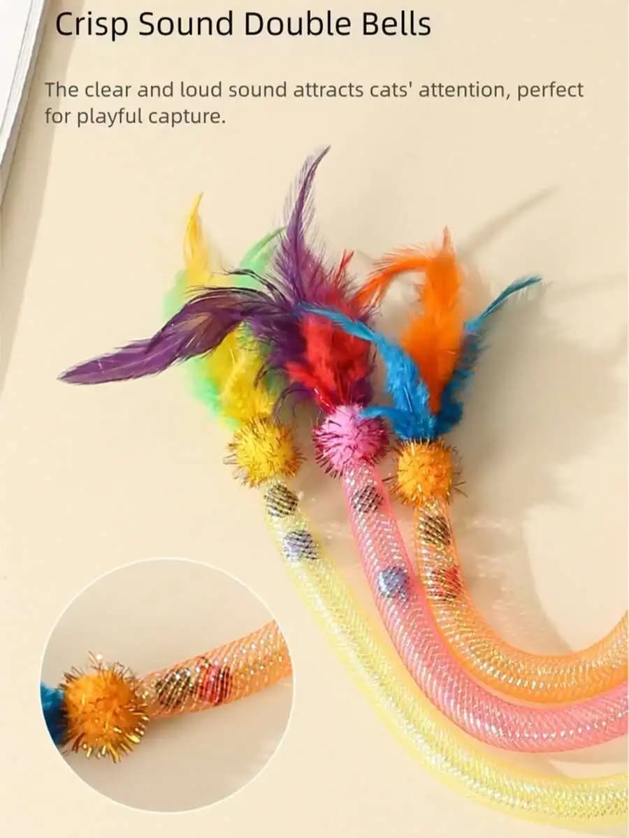 Snake-Shaped Cat Teaser Wand With Feather, Pom Pom Ball And Crisp Sound Bells For Pet Play