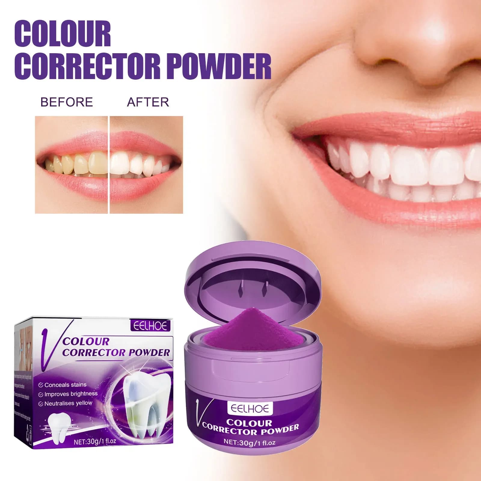 Polvere sbiancante per denti Correttore di colore per denti in polvere che copre macchie gialle sui denti V34 Tè Caffè Vino Macchia fumante