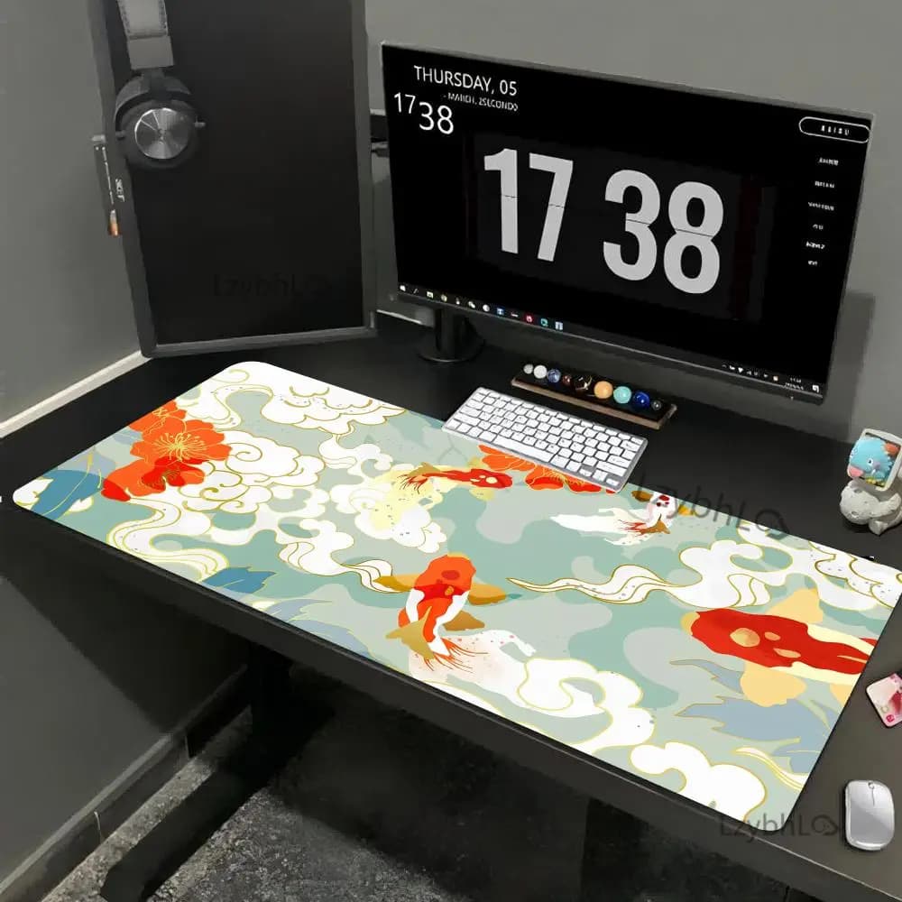 Tappetino per mouse giapponese Koi Tappetino per mouse Minimal Giappone Oro Blu Anime Estetica XXL Gaming Deskmat Natura Tappetino per mouse grande 90x40