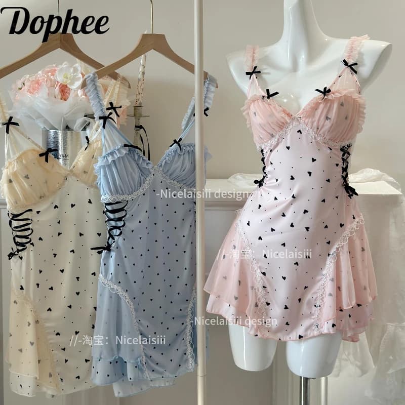 Dophee Dolce Principessa Pettorina Elegante Reggicalze in pizzo Camicia da notte Carino Fiocco Fasciatura Camicie da notte sexy con scollo a V Camicie da notte da donna