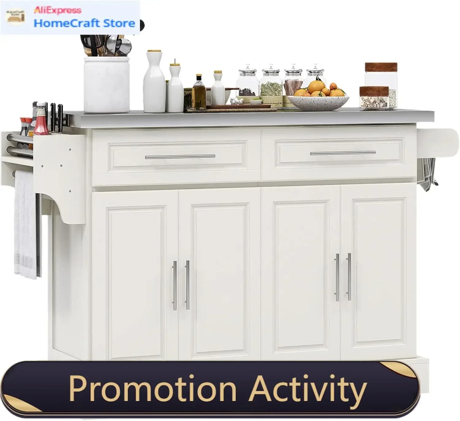 Cream White Portable Kitchen Island Cart With 47 Stainless Steel Top Adjustable Shelves Two Drawers Spice Knife Towel Rack
