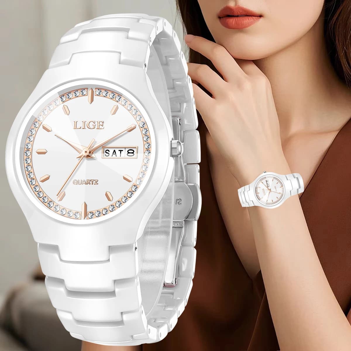 Women's Watch Brand LIGE Ceramic Strap Simple Calendar Waterproof Week Quartz Watches For Women's Elegant Bracelet For Gifts
