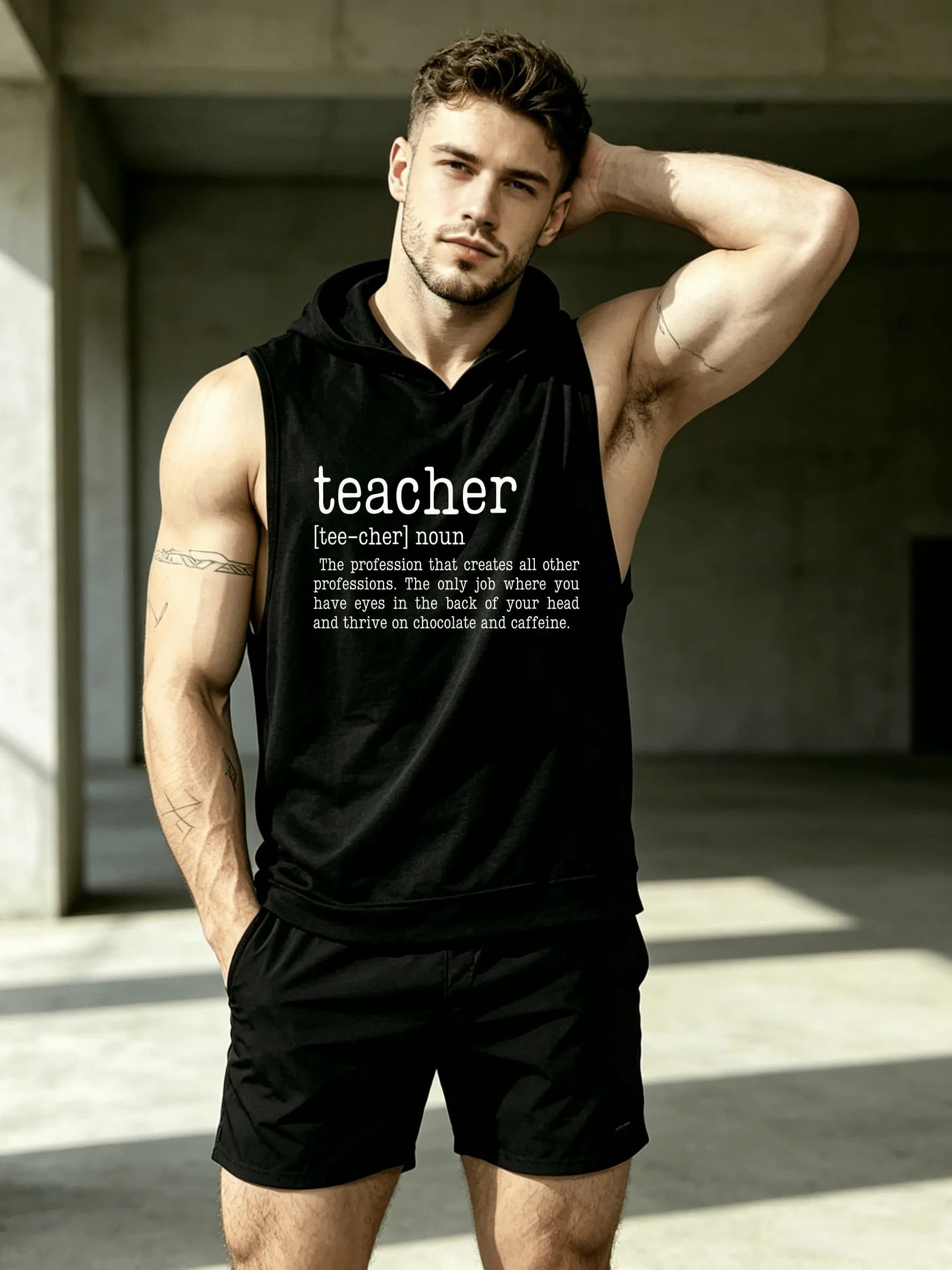 Summer Men's 2PCS Casual Teacher Print Sports Two-Piece Set, Hooded Sleeveless Vest Top T-Shirt with Shorts with Pocket Two-Piece Set, Cool And Comfortable, Black Minimalist Style