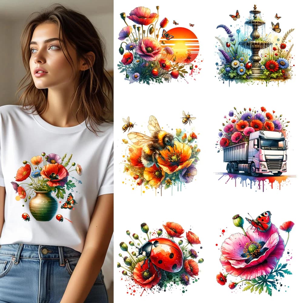 Adesivo termoadesivo DTF da 25 cm con motivo floreale estivo, farfalla e tramonto, per applicazioni su vestiti e t-shirt.