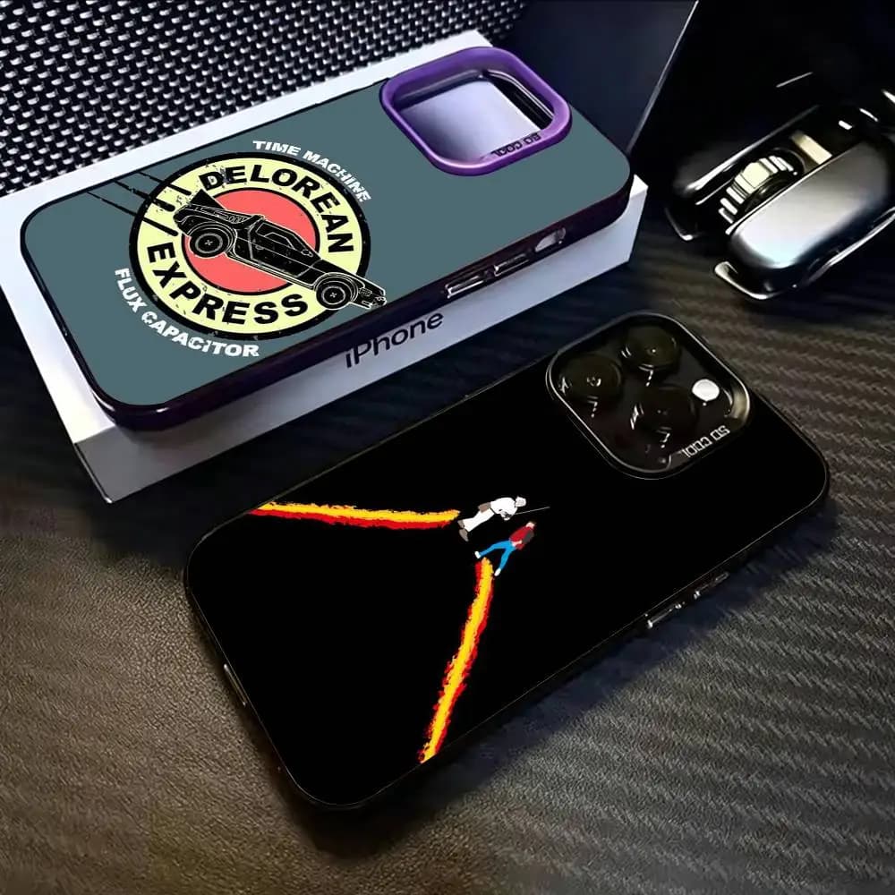 Cover per iPhone 17, 16, 15, 14, 13, 12, 11 Plus, Pro Max, XS, con rivestimento interno colorato argentato - Tema Ritorno al Futuro