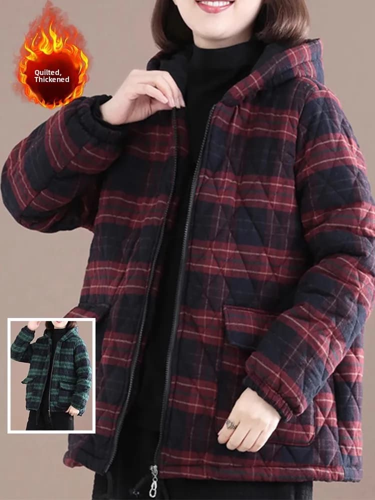 Giacca in cotone ispessito da donna, casual, con cappuccio, a maniche lunghe, con motivo a quadri, calda e confortevole, per primavera, autunno e inverno.