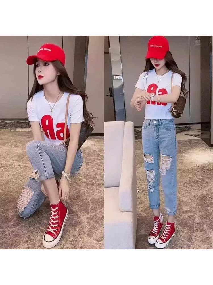 T-shirt slim fit a maniche corte da donna, nuovo stile estivo, maglietta base stampata, top casual, jeans in denim con fori alla moda, Hot Fire Beauty