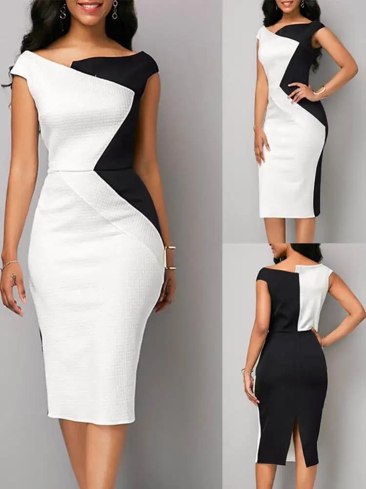 New Ladies Colorblock Sleeveless Stretch Hip Dress Street Style mid Waist Short Sleeve round Neck Casual Summer Dress