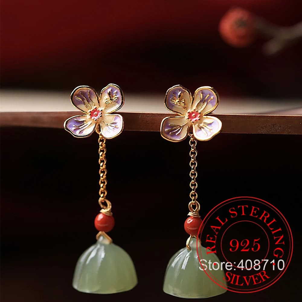 925 Sterling Silver Jewelry Natural Jade Lotus Seed Pod Long Tassel Flower Stud Earrings for Women Wedding Party Jewelry Gift