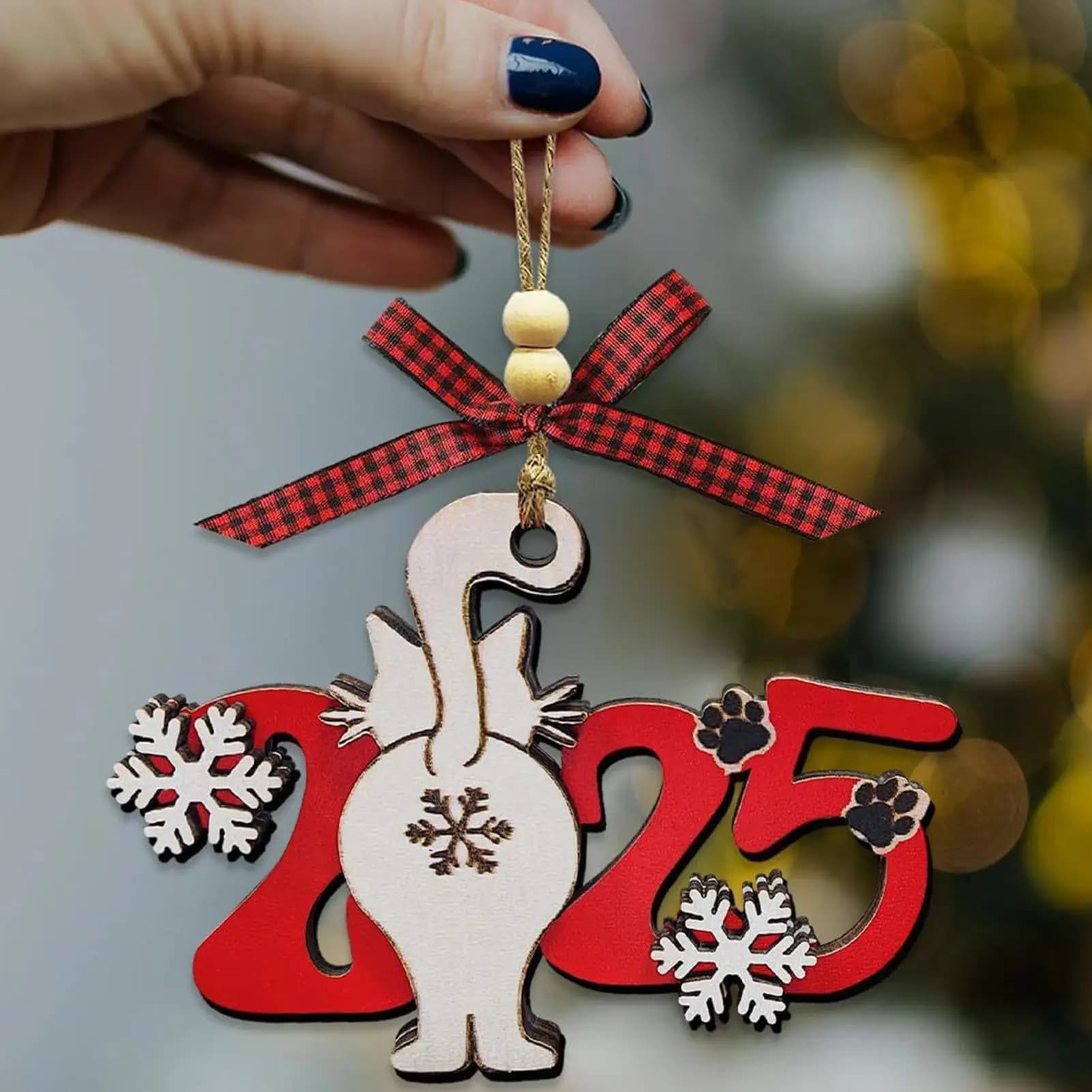 Ornamento per albero di Natale 2025 Ornamento animale in legno Ciondolo gatto in legno di Natale per decorazioni domestiche