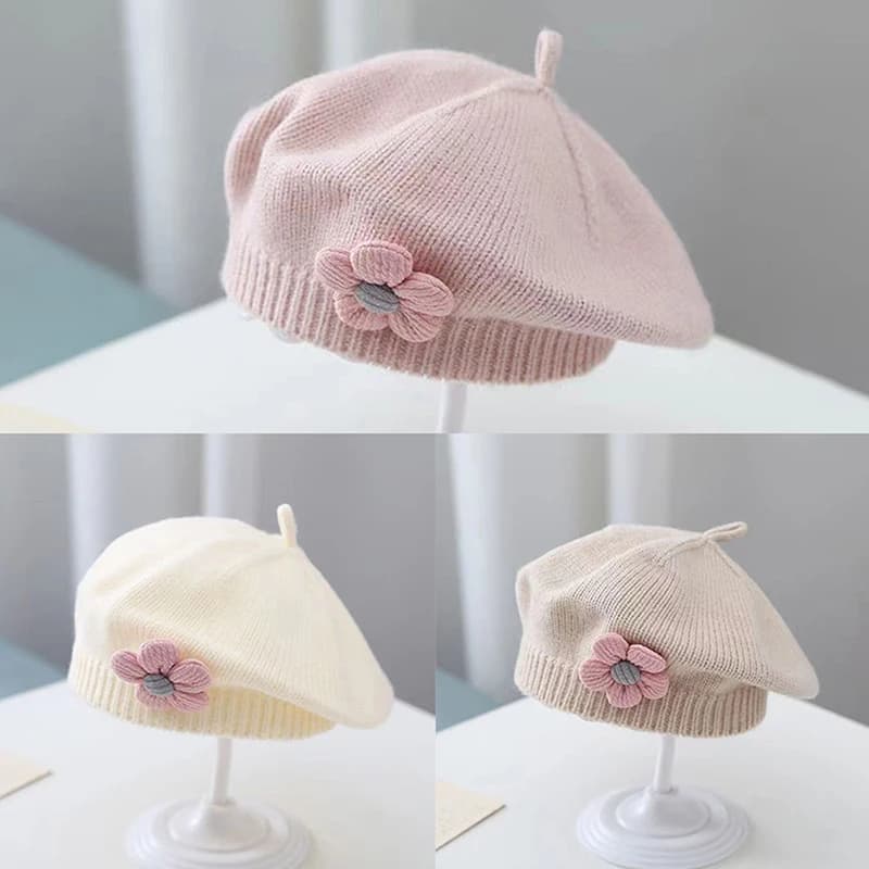 Flower Baby Beret Hat Solid Color Winter Warm Knitted Beanie Cap For Infant Girls Korean Toddler Princess Artist Painter Caps