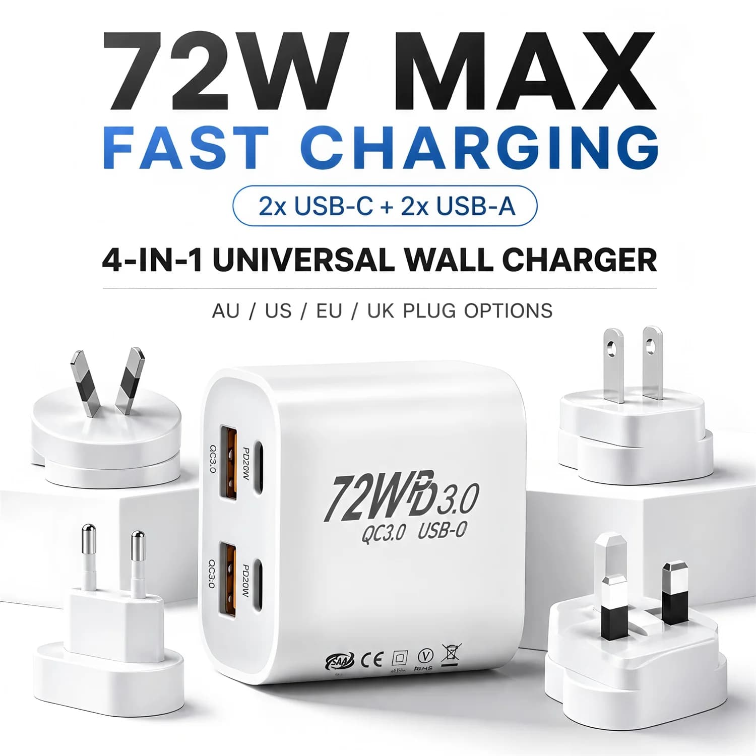 EU/UK/US/AU Wall Plug Multi-Port USB-C/USB-A Mobile Phone Charger, 72W Dual PD Fast Charging Block Adapter For iPhone Xiaomi