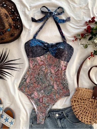 Costume da bagno intero da donna con stampa Paisley Boho, costume da bagno con taglio alto e allacciatura sul retro per le vacanze al mare