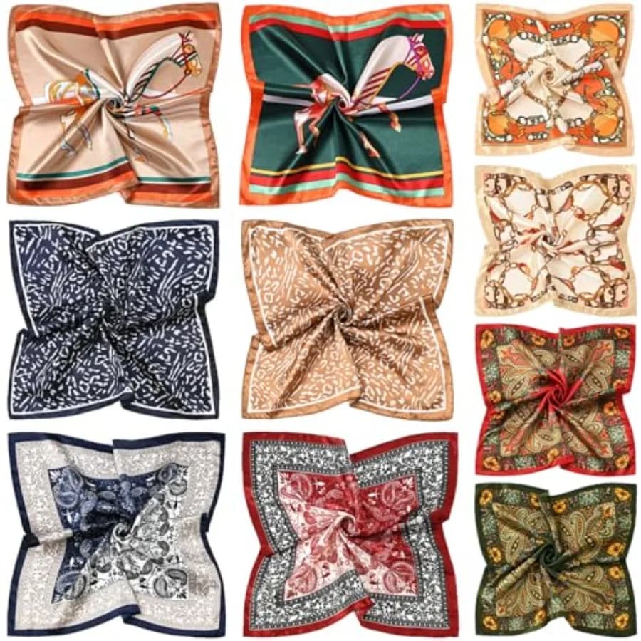 COOLANS 10 PCS Mixed Set Scarf 20 inch x 20 inch, Fashion Square Satin Neck Scarf Head scarf for Women Hair Scarf Bundle