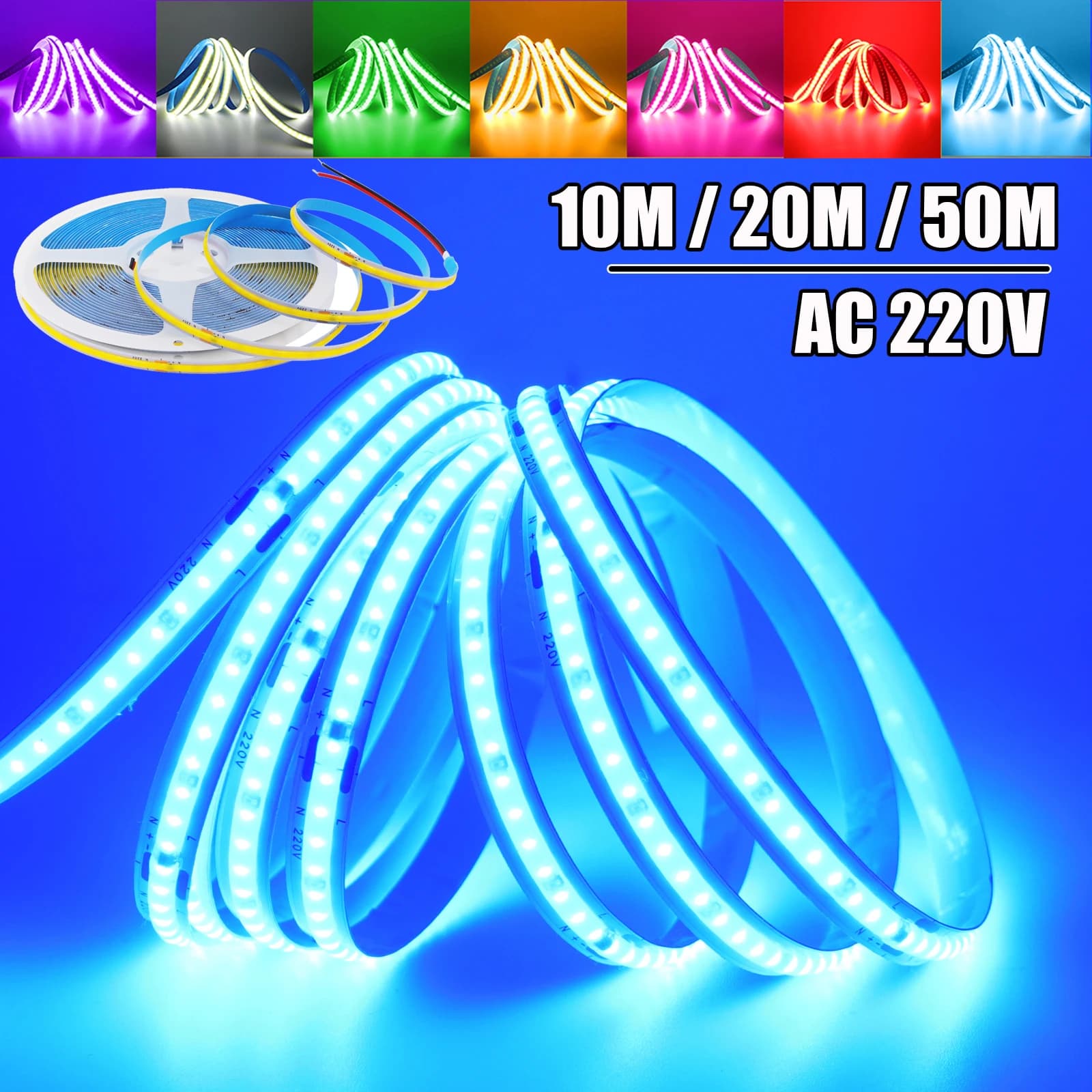 Striscia COB AC 220V 10CM Taglio Rosso/Blu ghiaccio/Rosa/Viola/Verde/Bianco 240LED 5M 10M 20M 50M/Rotolo IP20 Non impermeabile Luce LED