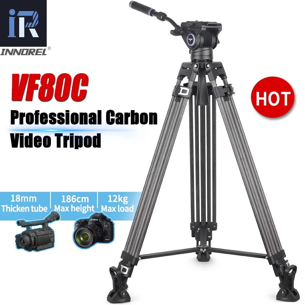 Treppiede video professionale INNOREL VF80C in fibra di carbonio con testa video fluida per cursore videocamera per fotocamera DSLR 1,86 m di altezza massima