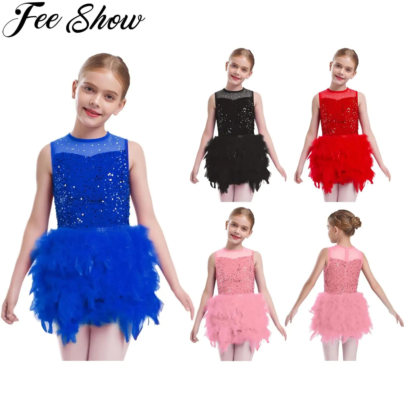 Vestito da ballo per balletto di pattinaggio di figura per ragazze, senza maniche, con paillettes lucide, body in velluto di piume per sala da ballo, jazz latino, tango