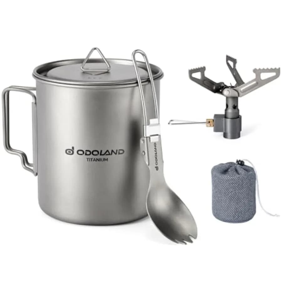 Pentola da Campeggio in Titanio 750ML con Fornello e Forchetta-Cucchiaio, Pentola Portatile per Escursionismo, Viaggi e Picnic