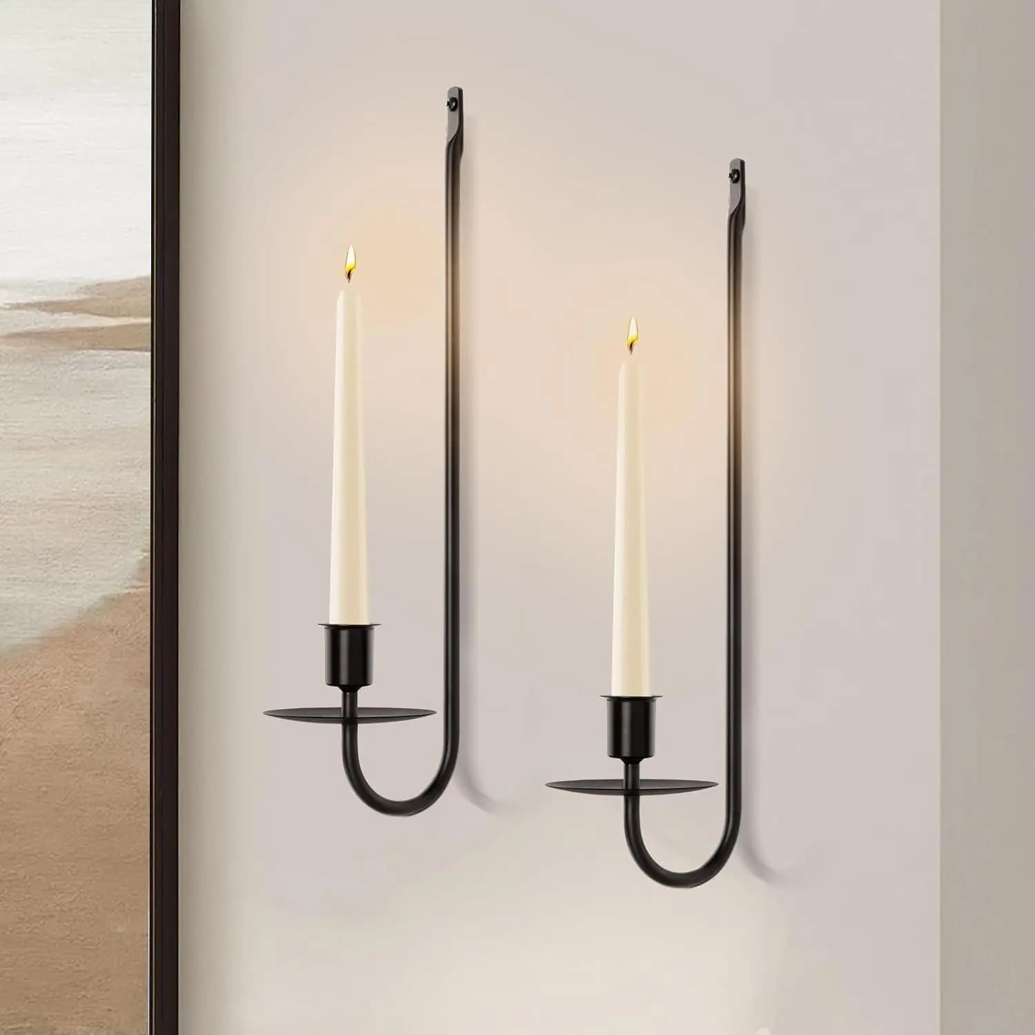 Set of 2 Appliques from Black Wall, Cone Candle and Column from 16,5 Inches for Living Room Furniture
