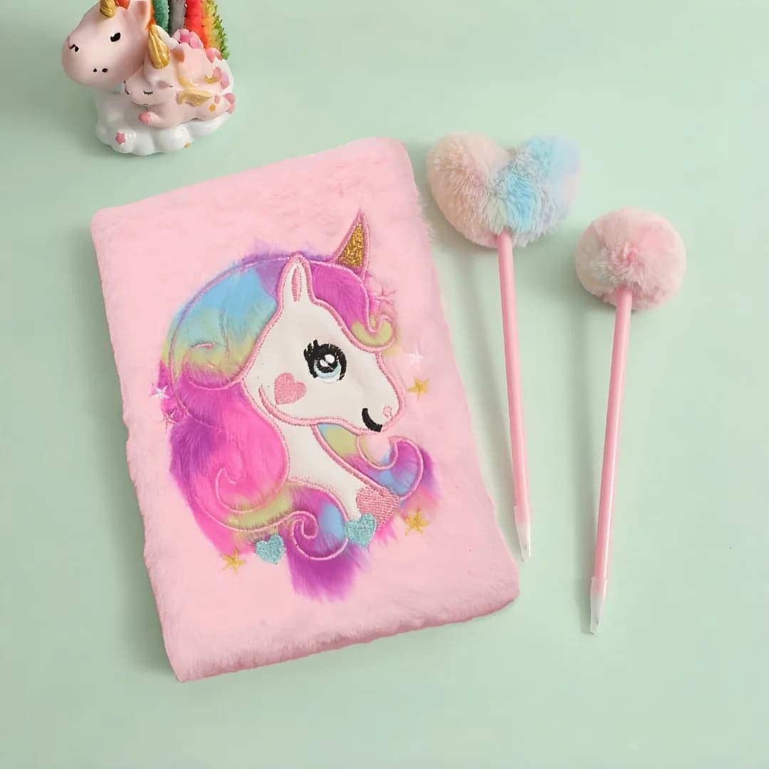 2Pcs/Set Cartoon Unicorn Plush Notebook Set Cross-Border Children's Writing and Drawing Journal Student Lockable Study Record Book, Children's Tie-Dye Heart Plush Journal Pen Student School Celebration Activity Reward Gift Pen Learning Writing Ballpoint Pen for Girls, Children's Christmas Gift Set