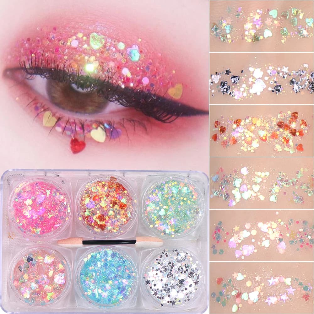 6Pcs Eyeshadow Glitter Gel Cream Face Hair Body Nail Glitter Sequin Gel Heart Star Moon Loose Sequins Festival Makeup Decoration