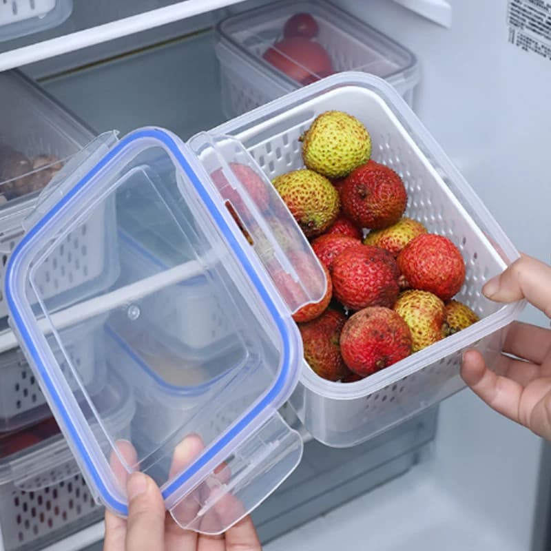 Set di Contenitori per Frigorifero con Coperchi e Scolapasta, Organizzatore in Plastica per Conservare Frutta, Verdura e Carne