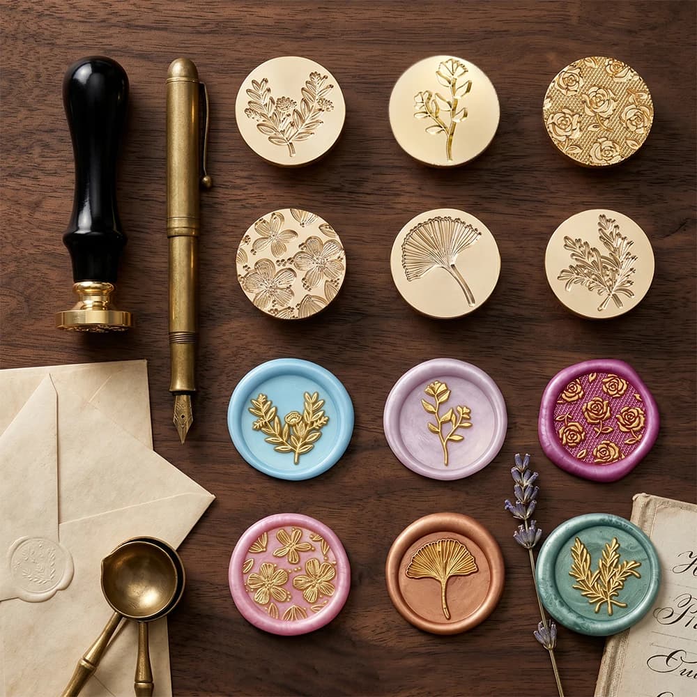 6Pcs Plant Wax Seal Stamp Set, Replaceable Brass Floral Sealing Stamp with Wooden Handle, Vintage Envelope Craft Stamp
