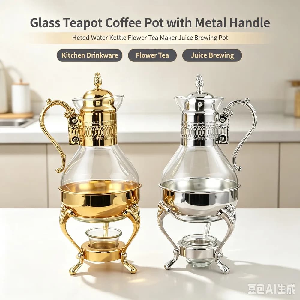 Glass Teapot Coffee Pot with Metal Handle Heated Water Kettle Flower Tea Maker Juice Brewing Pot Kitchen Drinkware