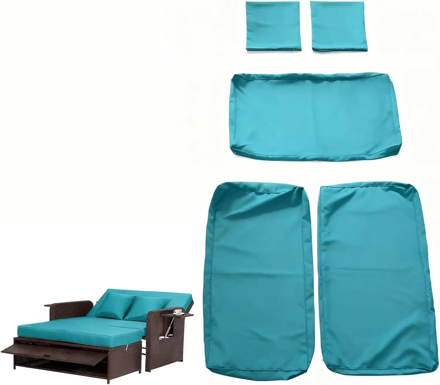 Daybed Exterior Cushion Covers Set, 5 Pieces, Two Post Rattan Sofa Covers for Seat and Bearings, Blue